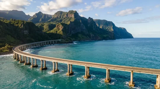 Vue aérienne du viaduc de la Nouvelle Route du Littoral surplombant l'océan Indien avec les falaises imposantes de La Réunion