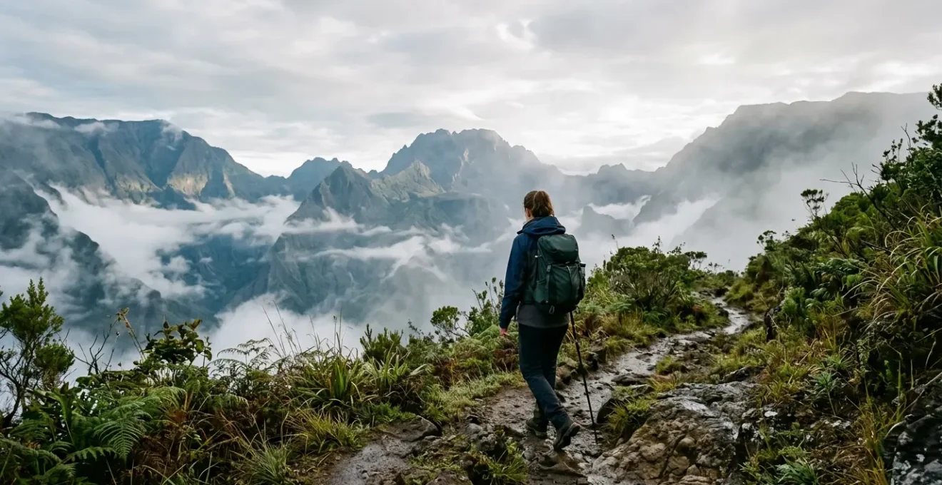 Randonneuse en montagne à La Réunion démontrant les trois couches de vêtements techniques