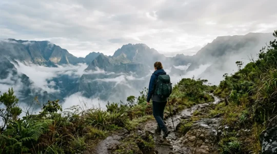 Randonneuse en montagne à La Réunion démontrant les trois couches de vêtements techniques