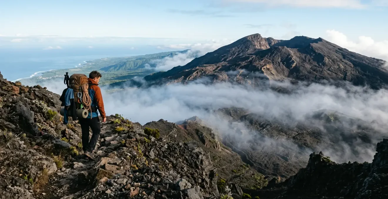 Randonneur équipé en système 3 couches sur un sentier volcanique de La Réunion avec variations d'altitude