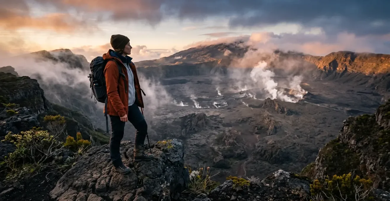 Randonneur équipé avec le système des 3 couches face au Piton de la Fournaise à La Réunion