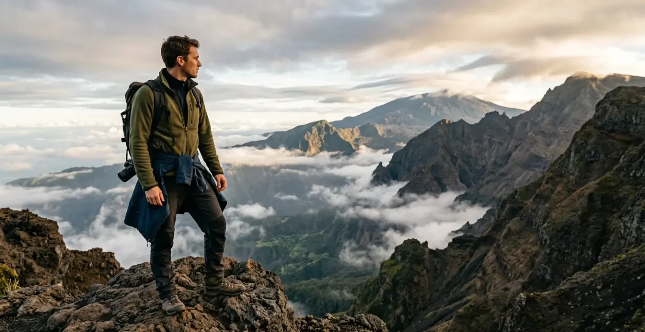 Randonneur sur un sentier volcanique de La Réunion avec les différentes couches de vêtements visibles, du Piton de la Fournaise en arrière-plan