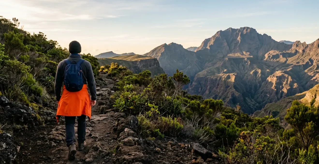 Randonneur à La Réunion portant plusieurs couches de vêtements techniques face au Piton des Neiges