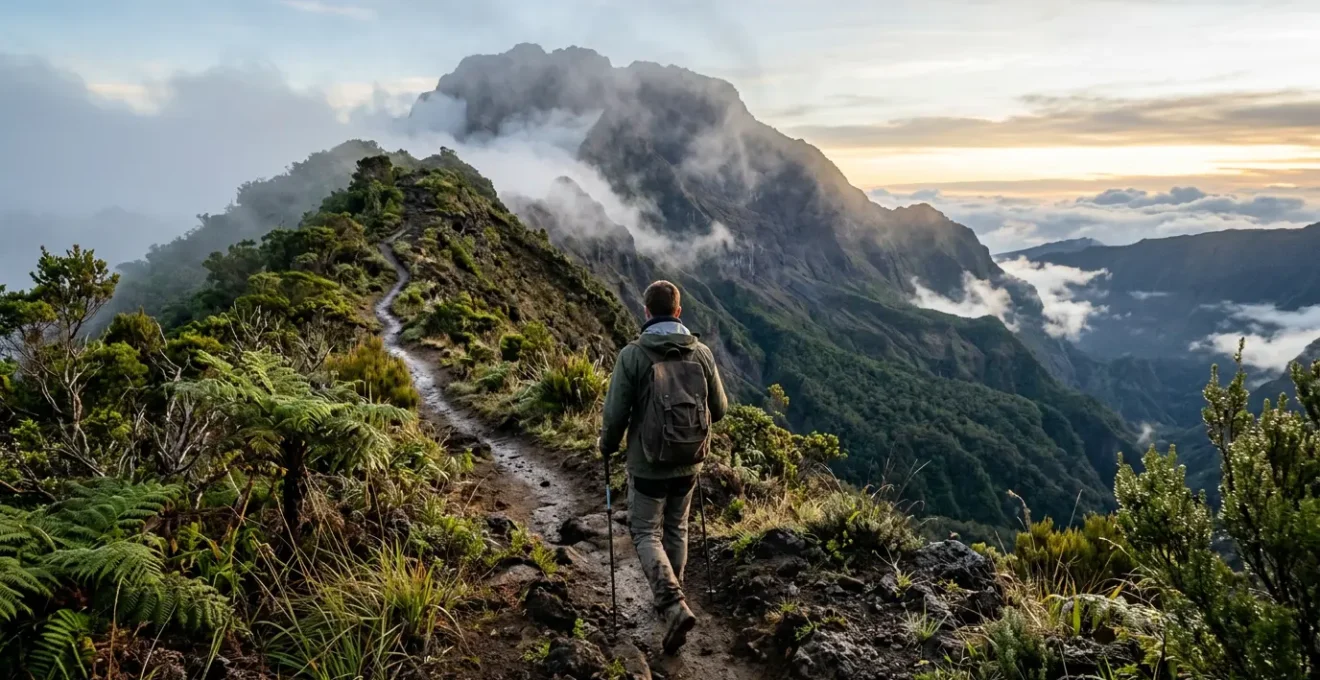 Randonneur équipé du système trois couches face au Piton des Neiges au lever du soleil avec végétation tropicale et brume matinale