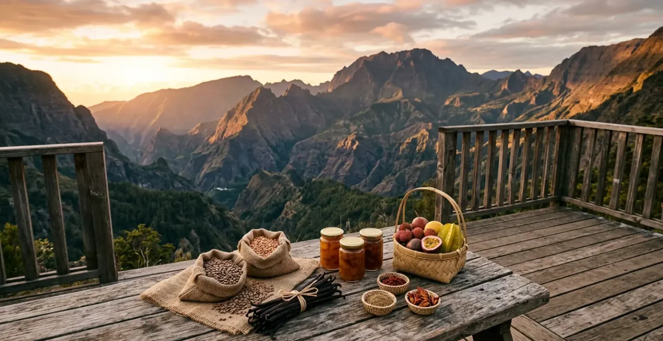 Vue panoramique d'une terrasse en bois avec des produits du terroir de La Réunion disposés sur une table rustique, le cirque de Cilaos en arrière-plan au coucher du soleil