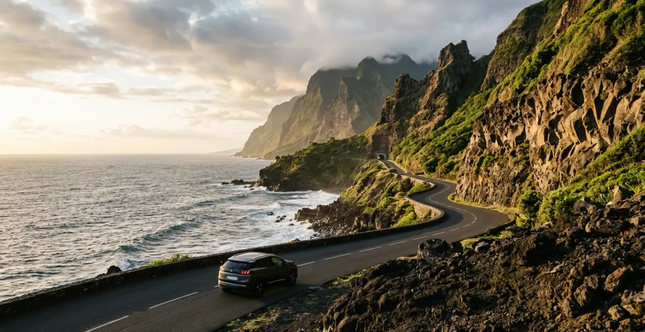 Vue panoramique de la route côtière de La Réunion avec une voiture au premier plan et l'océan Indien en arrière-plan