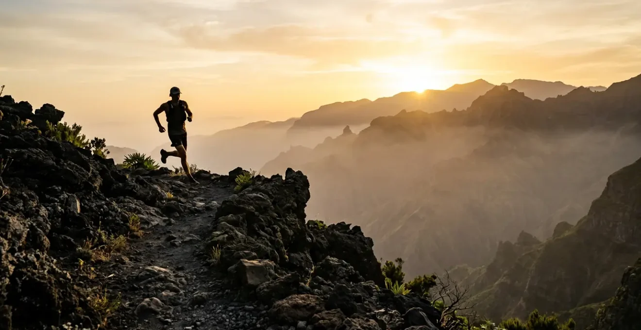 Un coureur de trail traversant un sentier volcanique à La Réunion avec les montagnes en arrière-plan