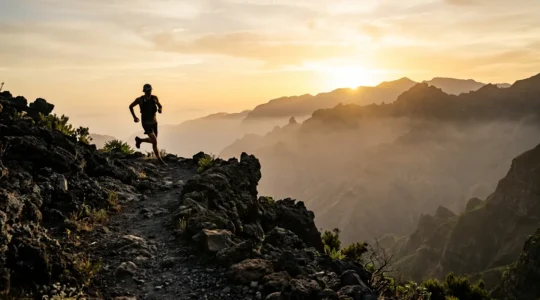 Un coureur de trail traversant un sentier volcanique à La Réunion avec les montagnes en arrière-plan