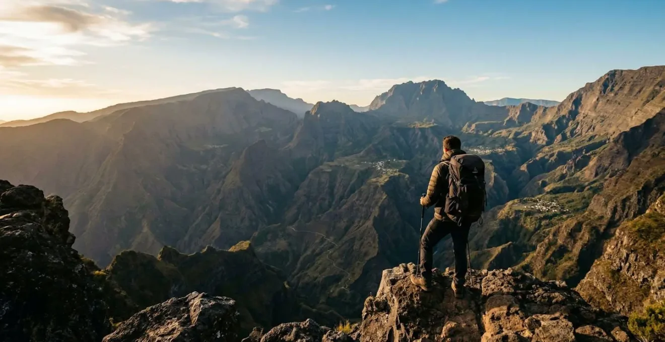 Vue panoramique du cirque de Mafate avec ses remparts vertigineux et un randonneur contemplant le paysage