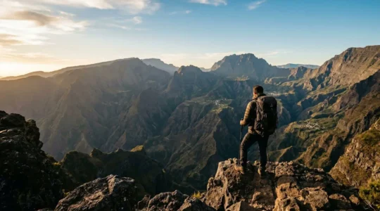 Vue panoramique du cirque de Mafate avec ses remparts vertigineux et un randonneur contemplant le paysage