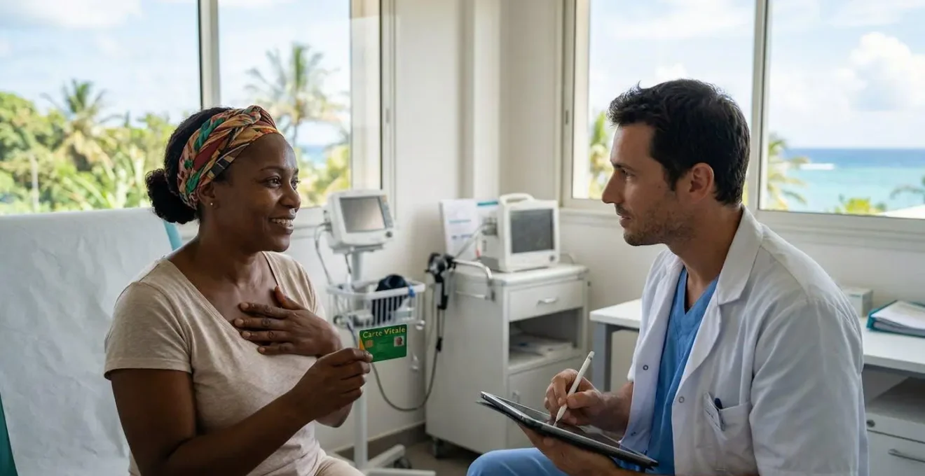 Un patient métropolitain montrant sa carte Vitale dans un hôpital tropical français avec vue sur l'océan