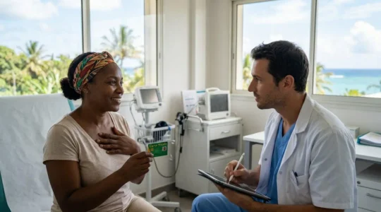 Un patient métropolitain montrant sa carte Vitale dans un hôpital tropical français avec vue sur l'océan