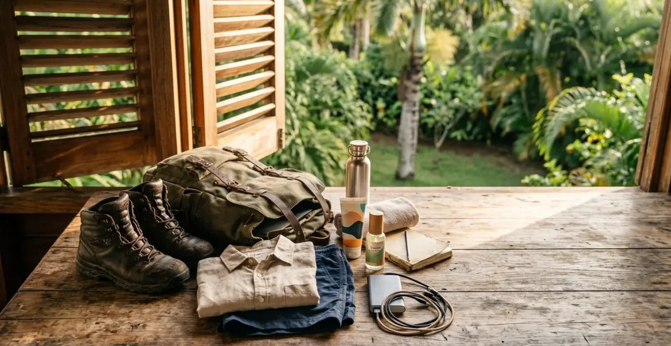 Préparatifs de voyage pour La Réunion avec équipements essentiels disposés naturellement