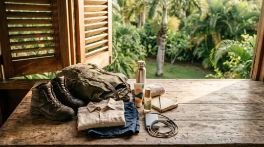 Préparatifs de voyage pour La Réunion avec équipements essentiels disposés naturellement