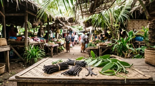 Gousses de vanille de qualité supérieure sur un marché tropical avec étalage artisanal