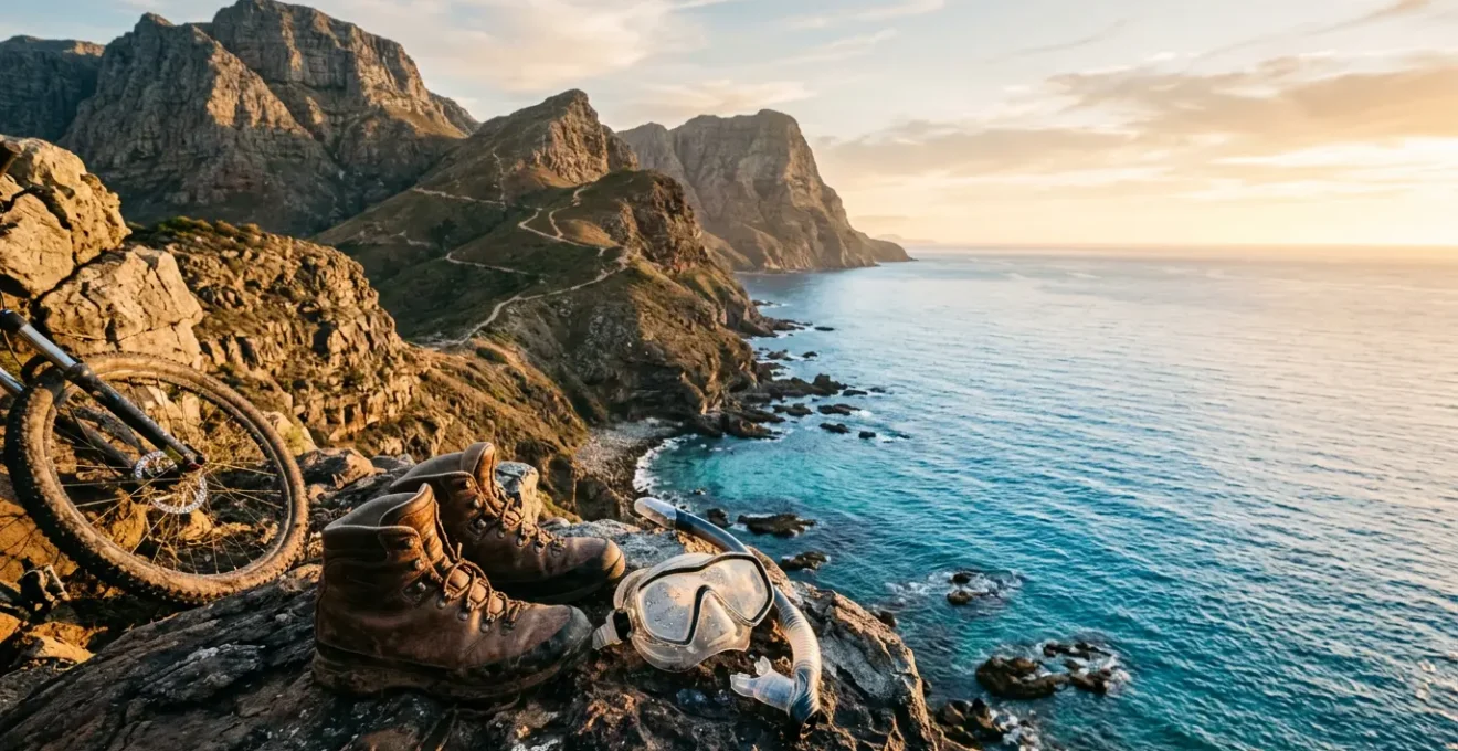 Paysage montagnard avec équipements de randonnée, plongée et VTT disposés de manière naturelle