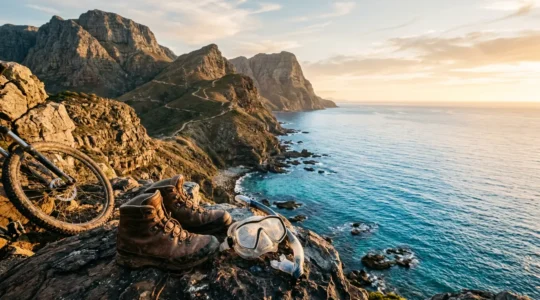 Paysage montagnard avec équipements de randonnée, plongée et VTT disposés de manière naturelle