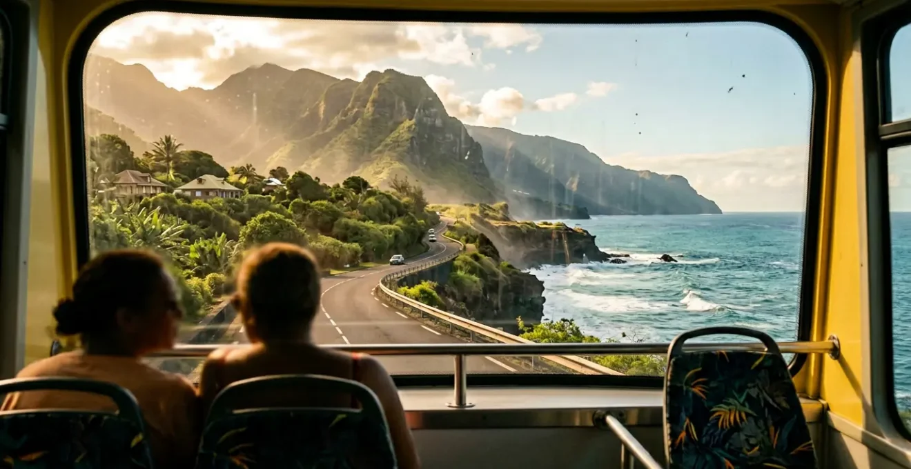 Vue panoramique du littoral de La Réunion depuis la fenêtre d'un bus, avec les montagnes en arrière-plan