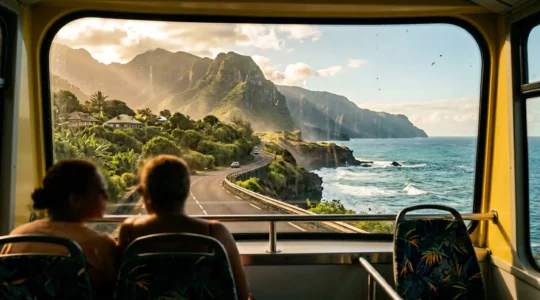 Vue panoramique du littoral de La Réunion depuis la fenêtre d'un bus, avec les montagnes en arrière-plan