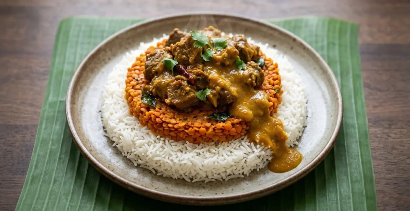 Vue plongeante sur une assiette créole montrant les trois étages traditionnels du repas réunionnais