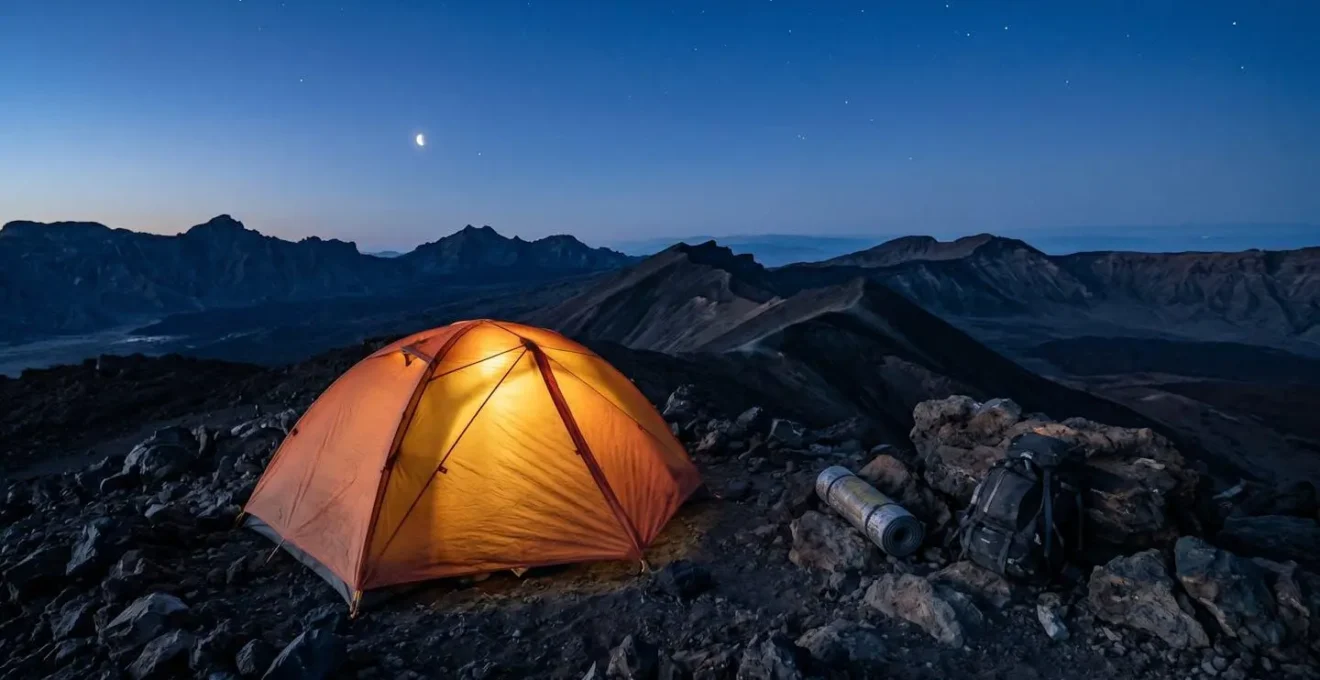 Tente de haute montagne installée sur un replat volcanique au crépuscule avec équipement technique visible
