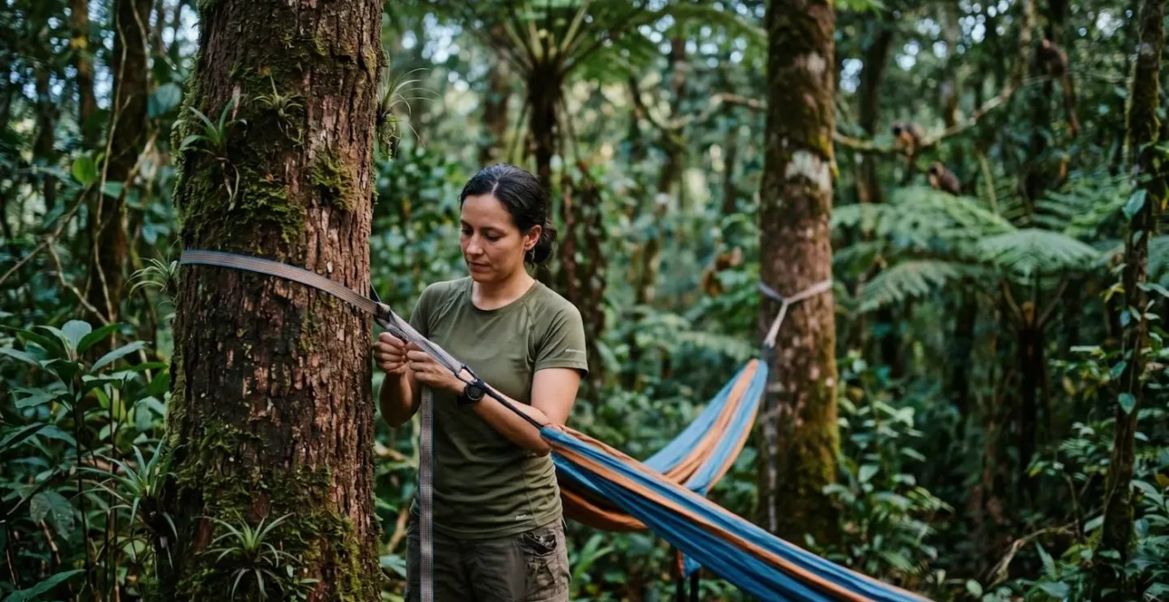 Installation minimaliste d'un hamac entre deux arbres endémiques dans une forêt tropicale de La Réunion