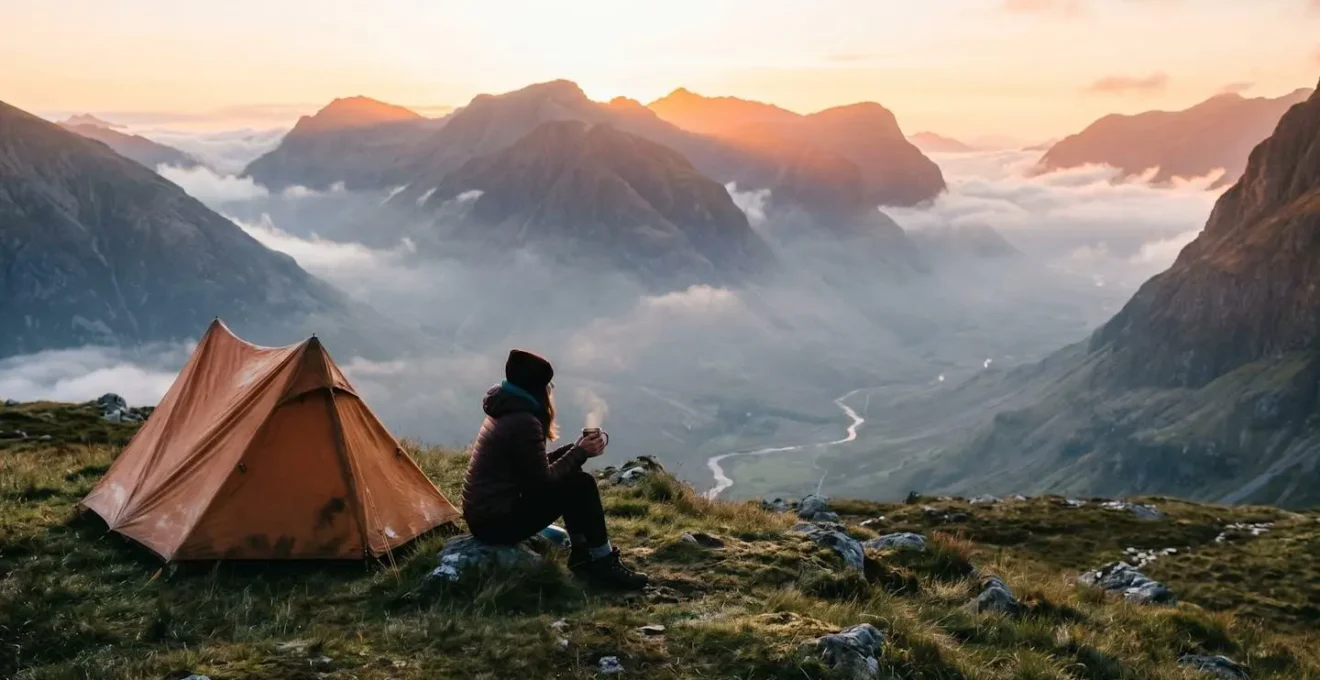 Tente solitaire installée sur un plateau herbeux face aux montagnes brumeuses de La Réunion au lever du soleil