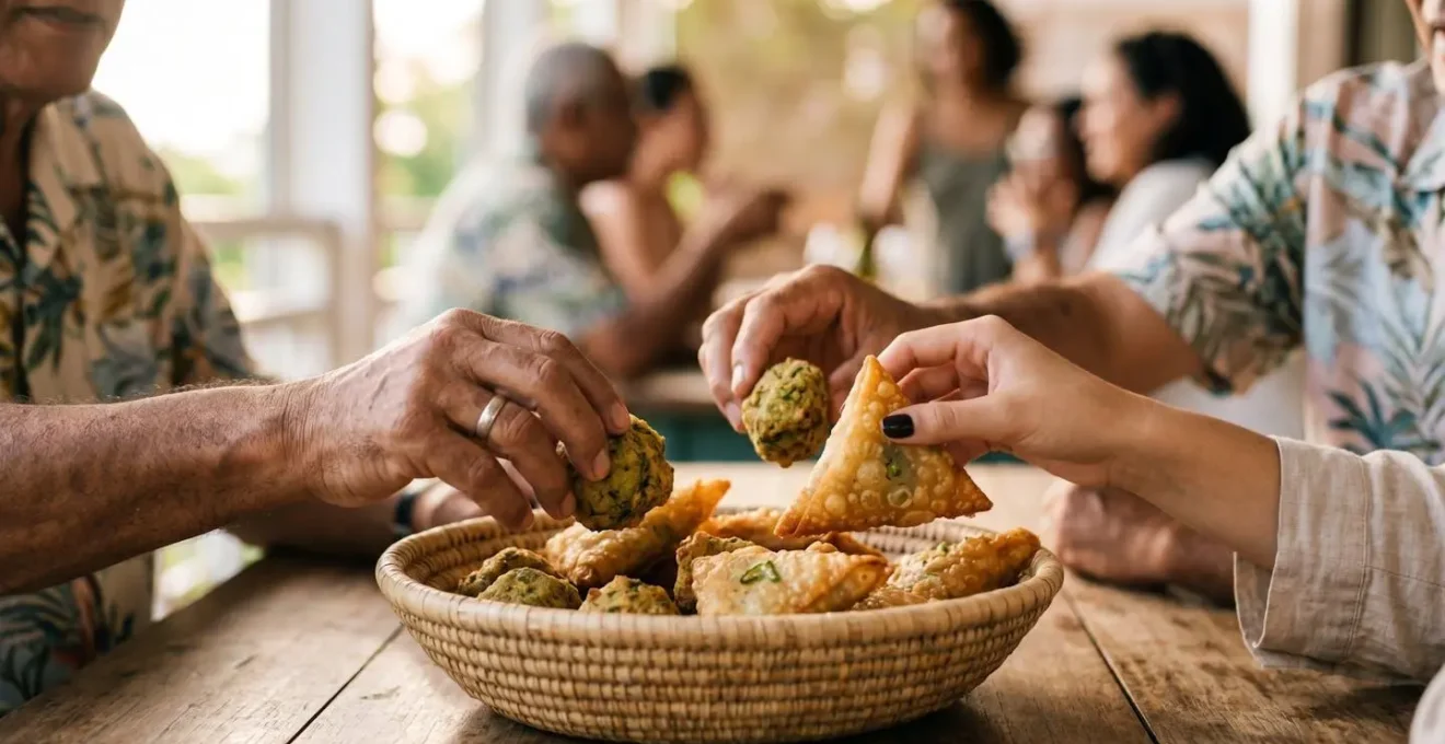 Bonbons piment dorés et samoussas triangulaires sur plateau traditionnel en vacoa tressé