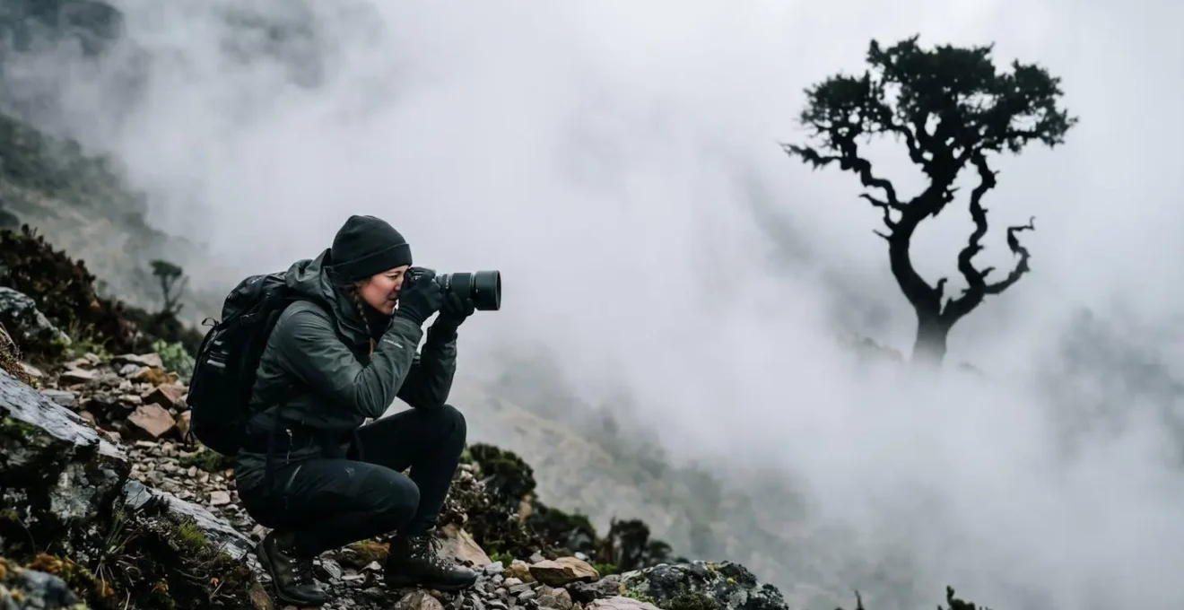 Photographe capturant un arbre tamarin des hauts isolé dans la brume épaisse créant une atmosphère éthérée