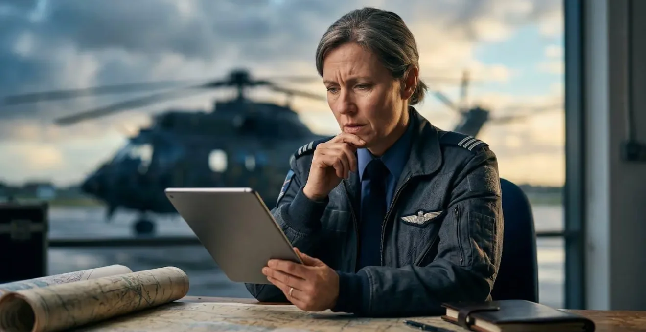 Pilote d'hélicoptère consultant les prévisions météo sur tablette avant le décollage