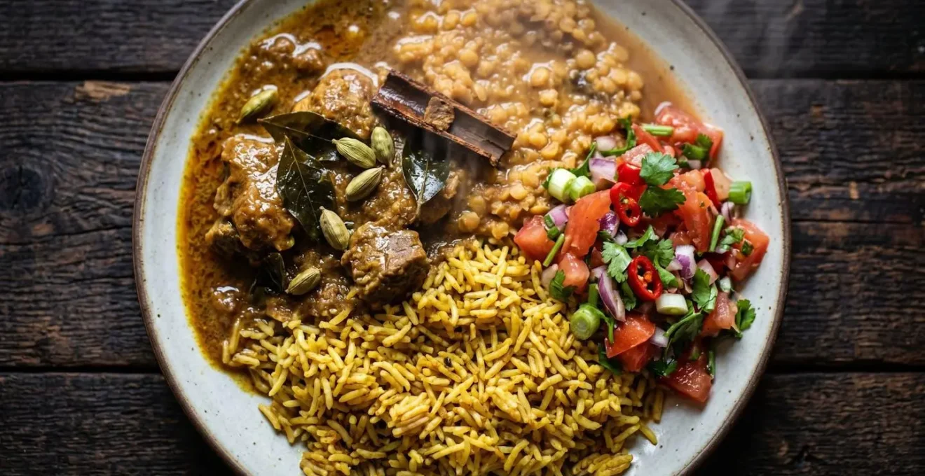 Plat de cari réunionnais avec riz, grains et rougail disposés traditionnellement