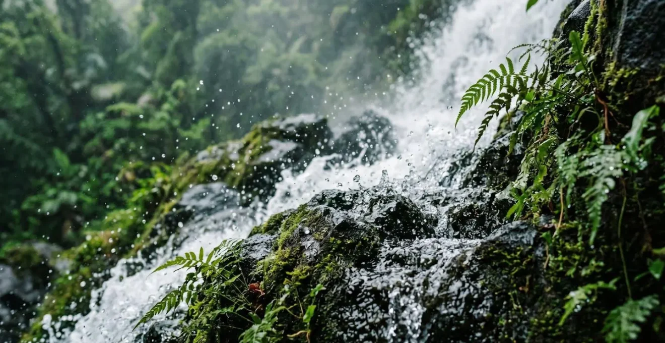 Cascade de Langevin à son débit maximal pendant la saison des pluies, entourée d'une végétation tropicale luxuriante