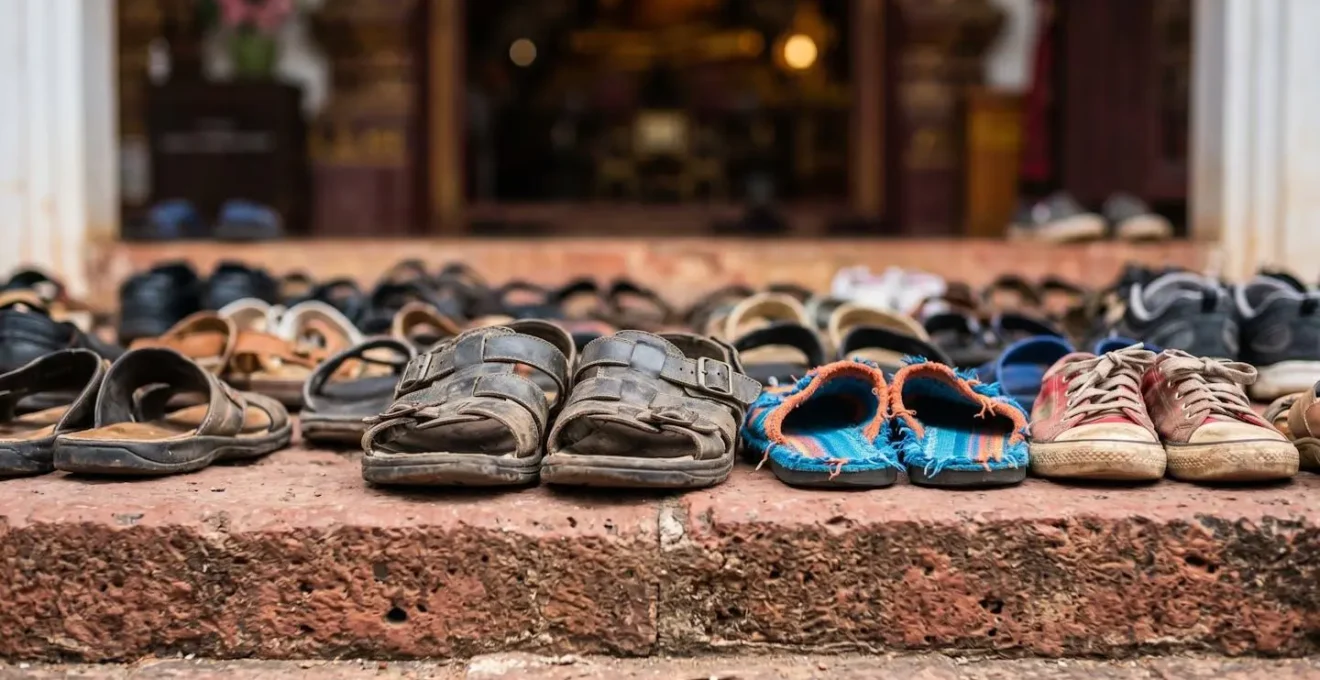 Rangées de chaussures colorées déposées avec soin à l'entrée d'un temple tamoul à La Réunion