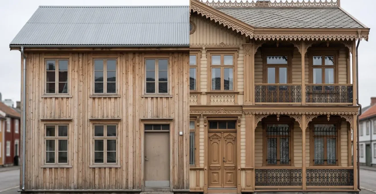 Vue comparative montrant les détails architecturaux distinctifs d'une case Tomi et d'une case Sarda côte à côte