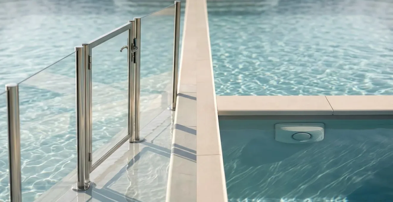 Comparaison visuelle entre barrière de piscine transparente et système d'alarme immergée