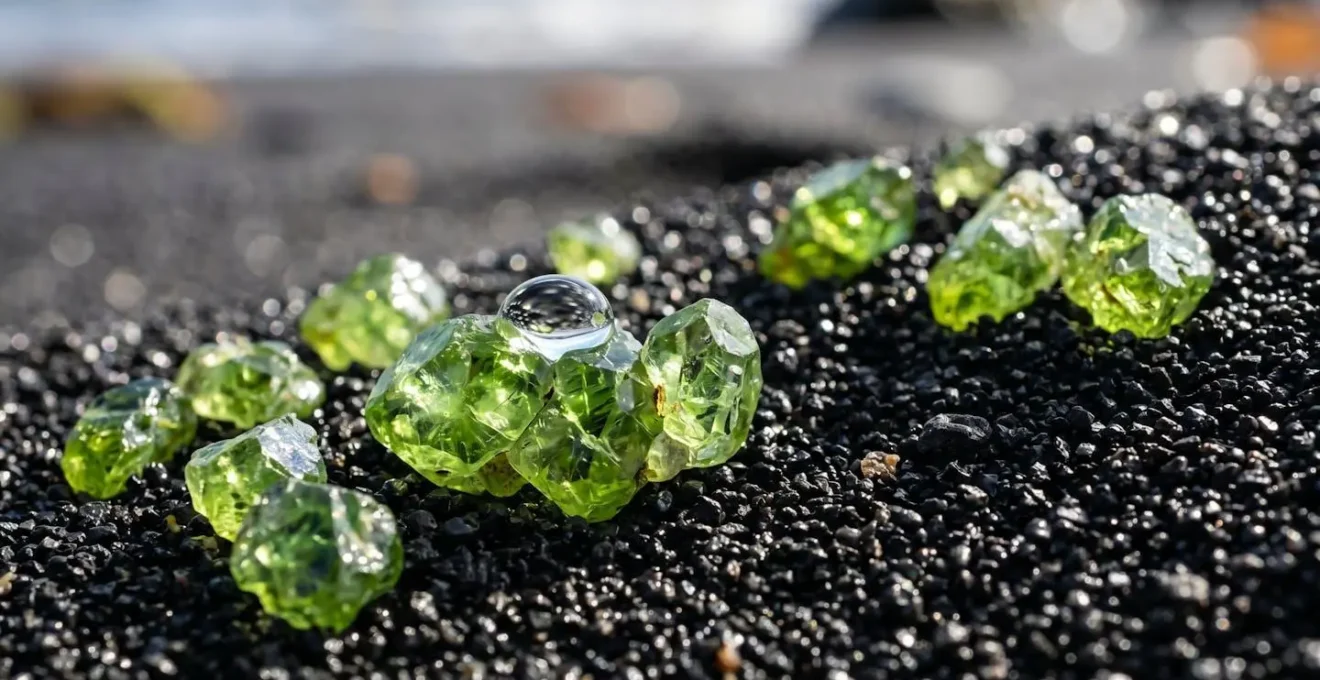 Vue macro de cristaux d'olivine vert émeraude brillants dispersés dans le sable basaltique noir de la plage