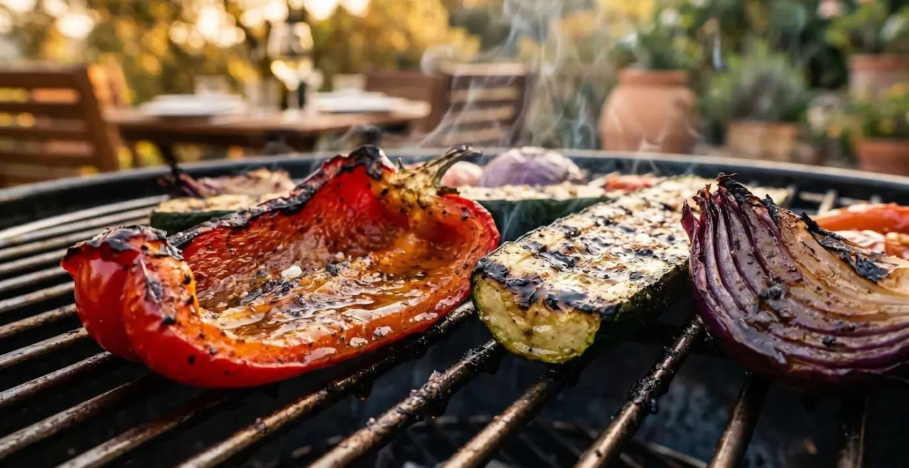Espace cuisine extérieure de villa avec barbecue et coin repas familial