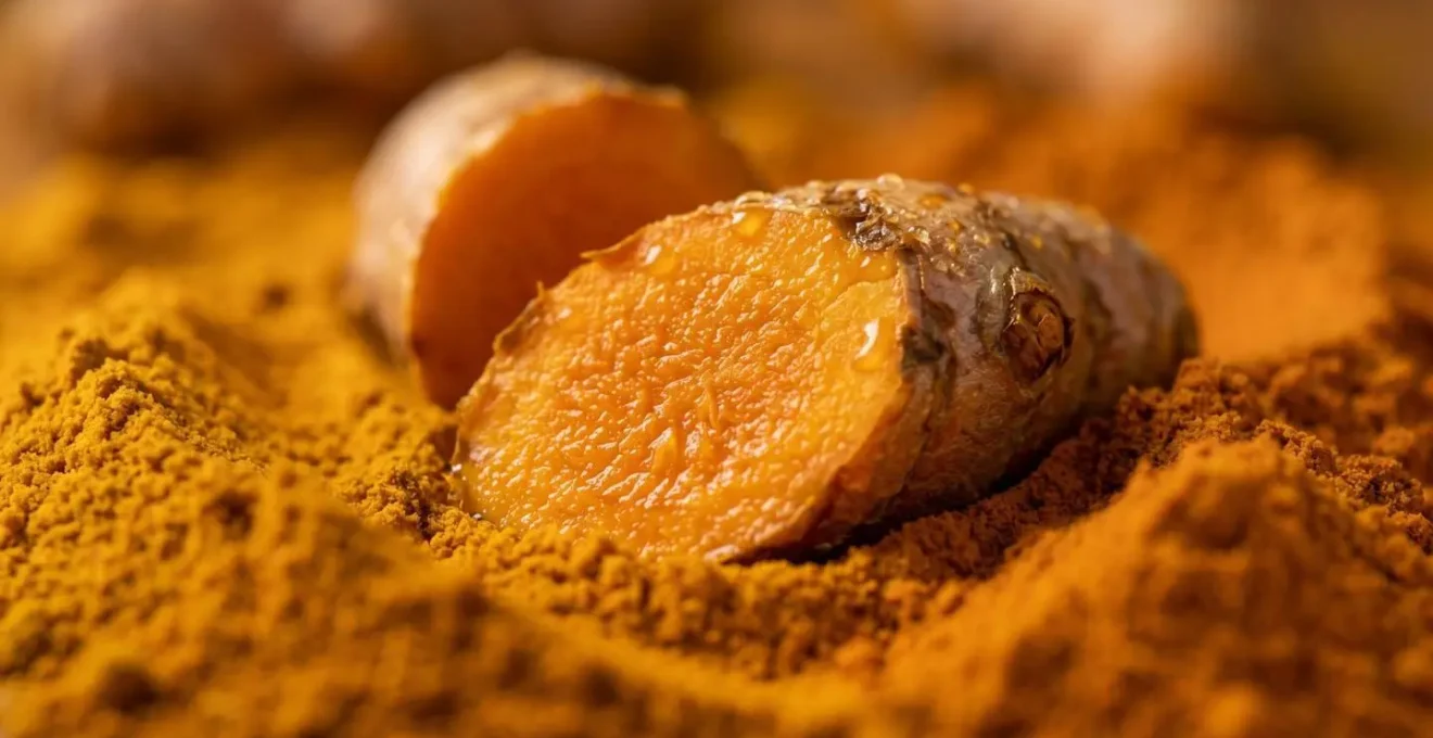 Gros plan macro sur racines de curcuma fraîches et épices colorées en vrac