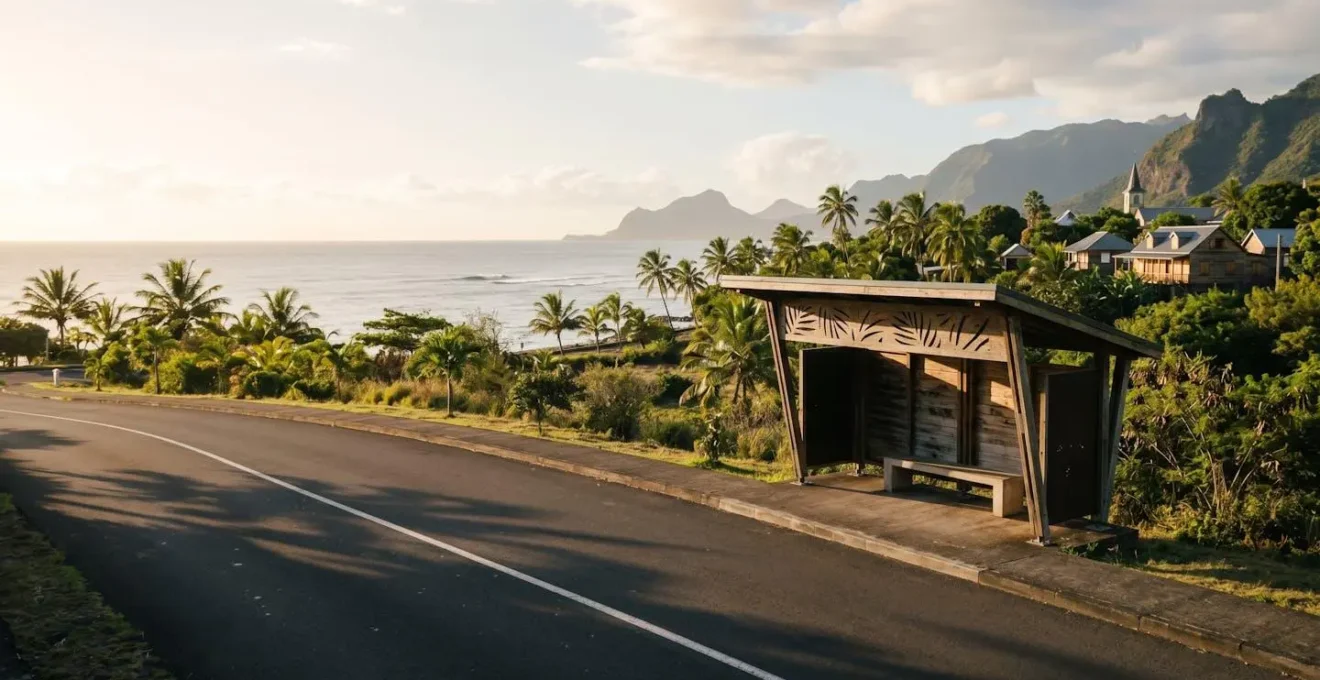 Arrêt de bus désert un dimanche matin à La Réunion avec vue sur l'océan