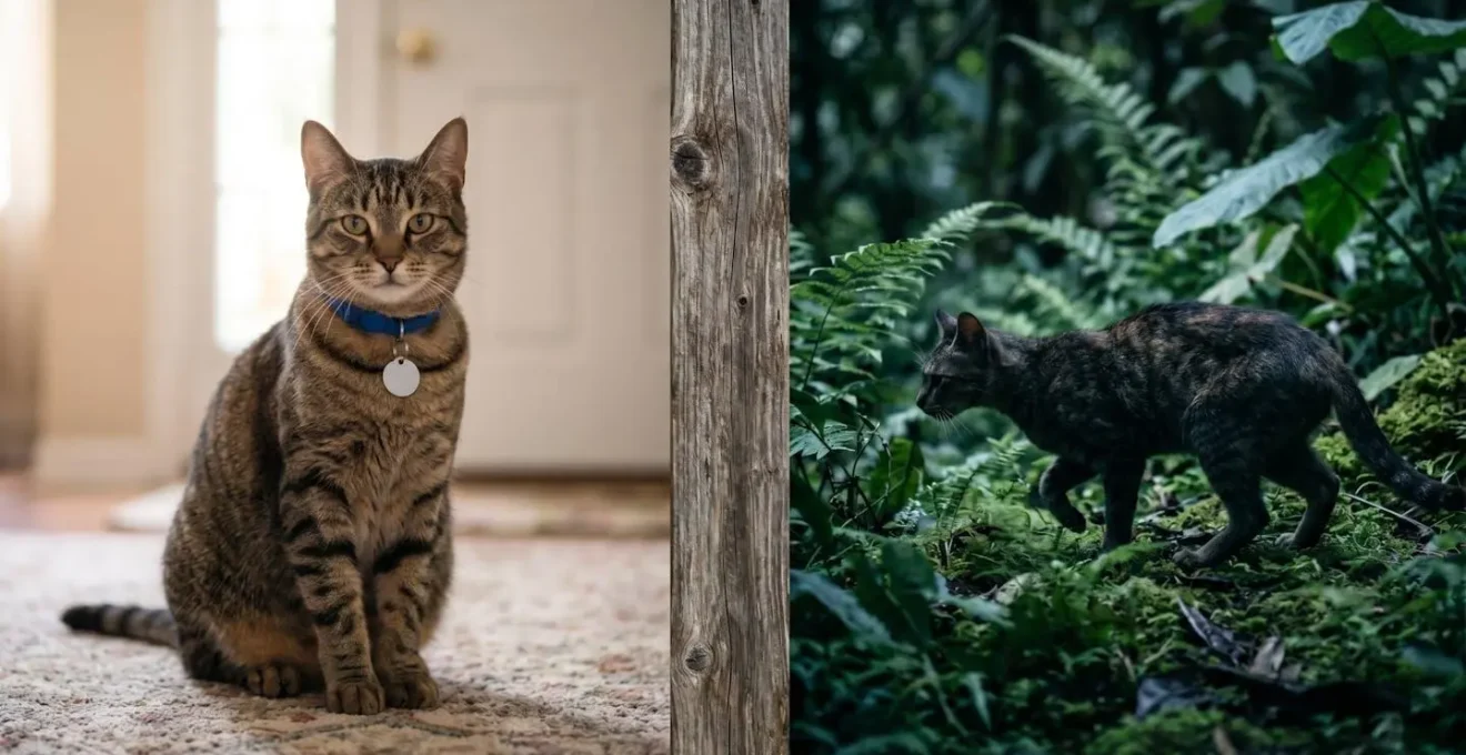 Comparaison visuelle entre chat domestique en zone habitée et chat haret en forêt tropicale