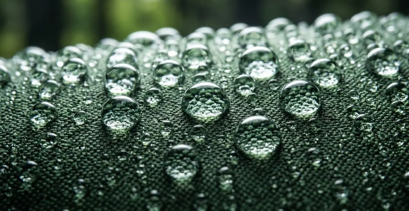 Détail macro de gouttes d'eau perlant sur une veste technique imperméable