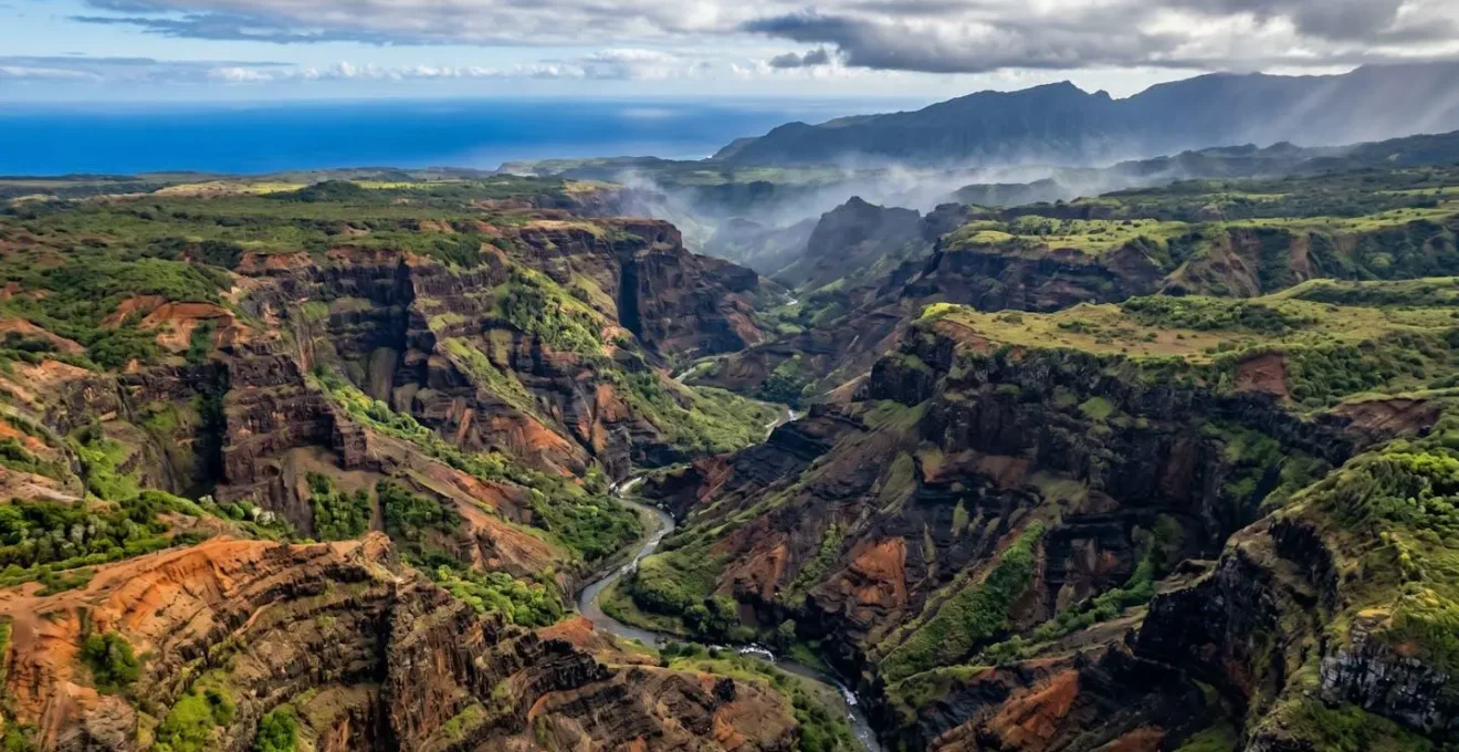 Vue aérienne montrant l'érosion spectaculaire créant les canyons dans le massif volcanique de La Réunion
