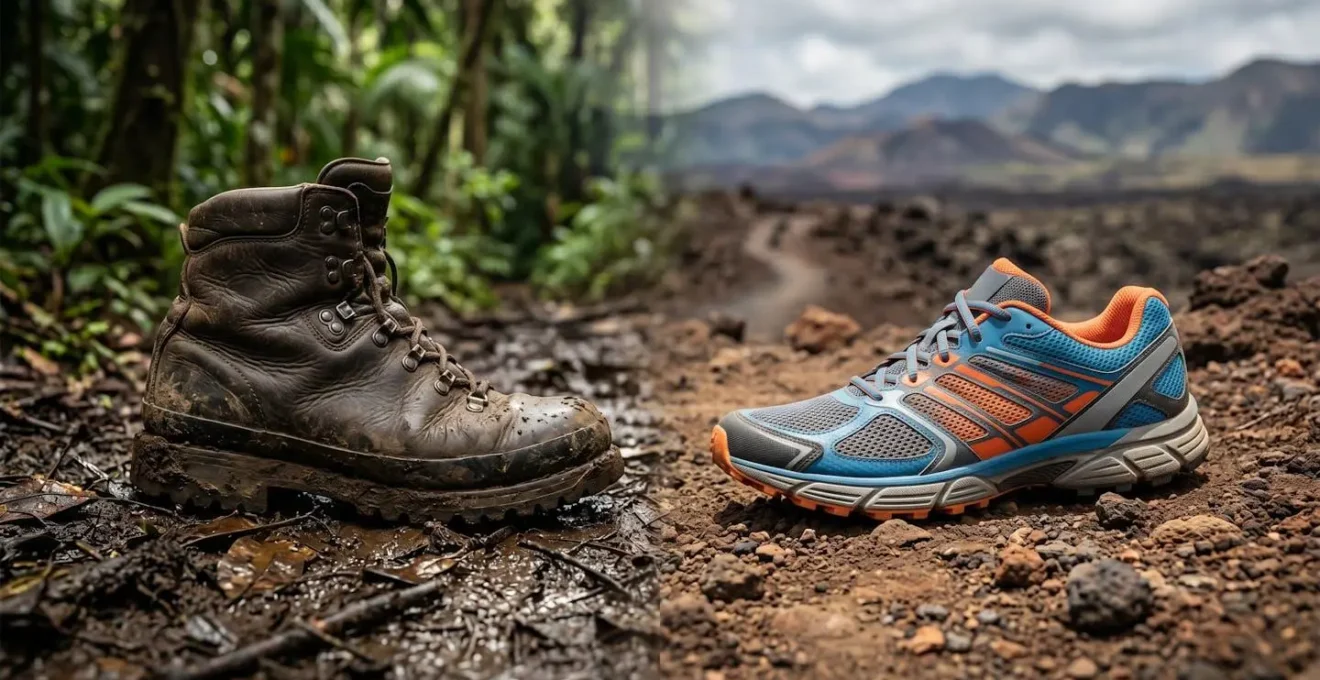 Comparaison visuelle between chaussure de trail légère moderne et botte de randonnée traditionnelle sur sentier tropical