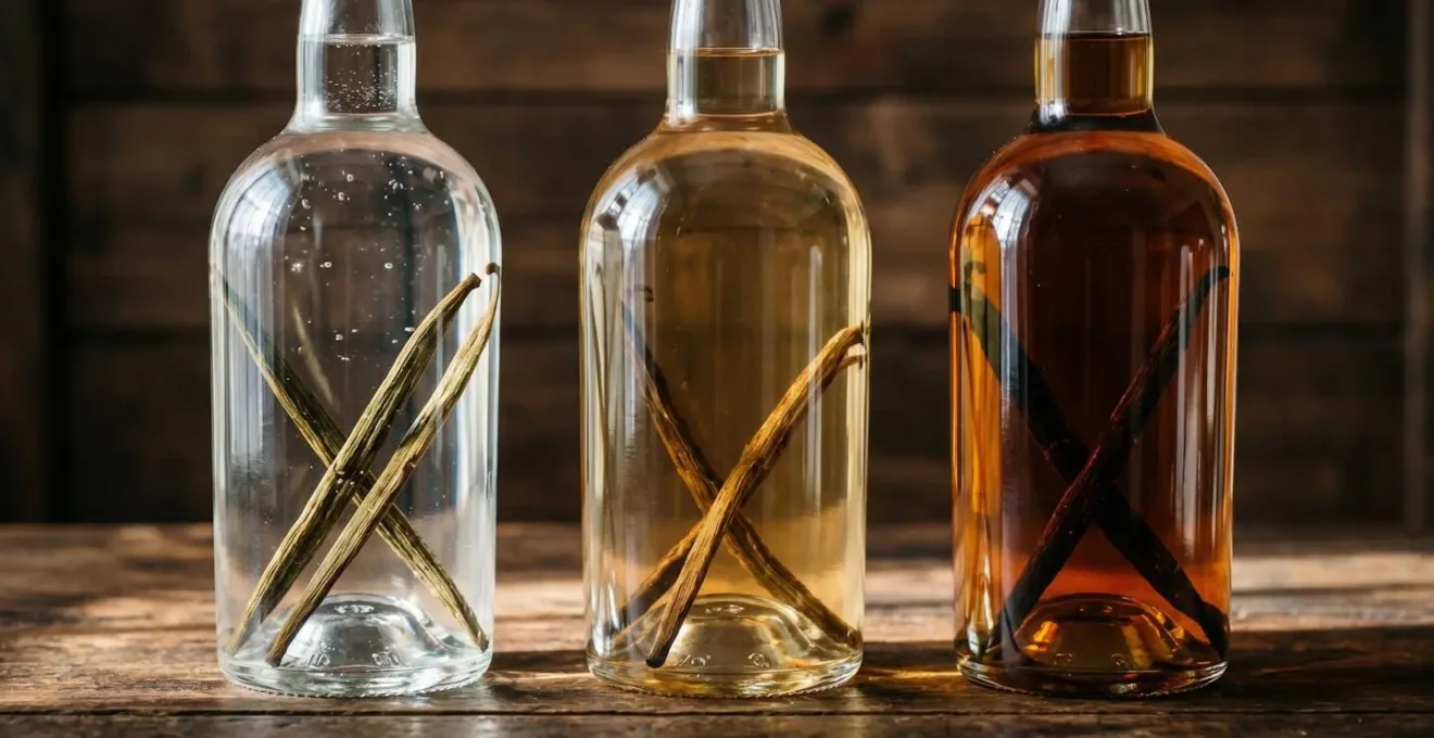 Évolution visuelle de la macération du rhum à la vanille sur plusieurs mois