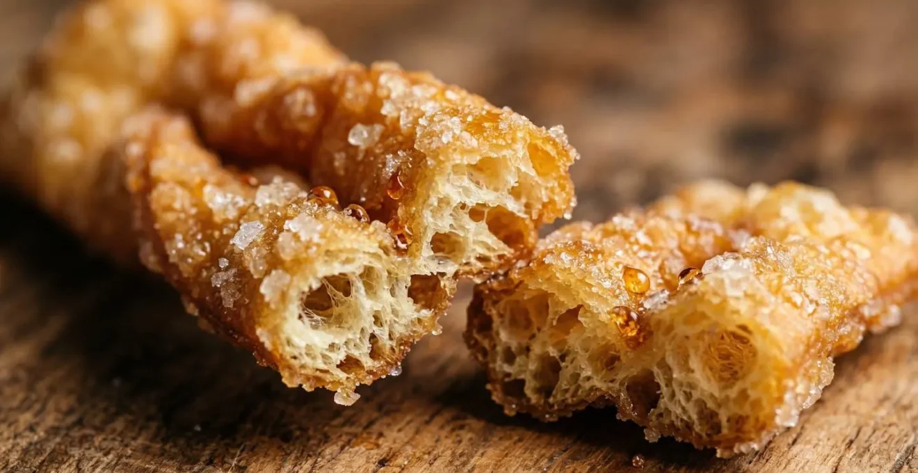Gros plan macro sur texture dorée croustillante d'un bonbon cravate avec gouttelettes de sirop