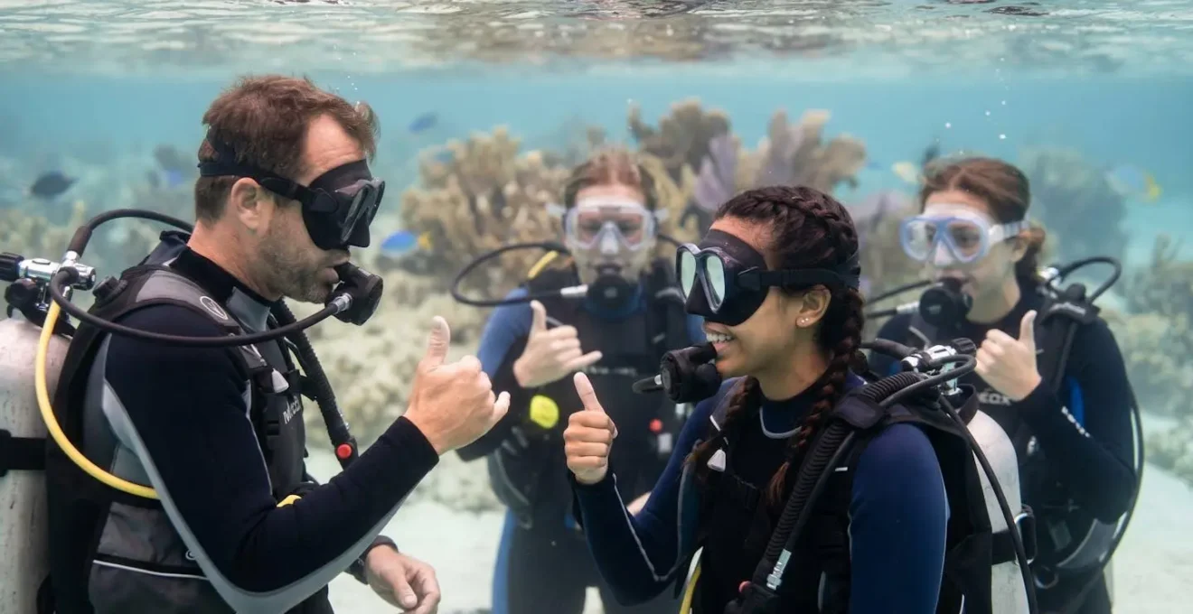 Groupe de plongeurs débutants en formation dans le lagon turquoise de La Réunion