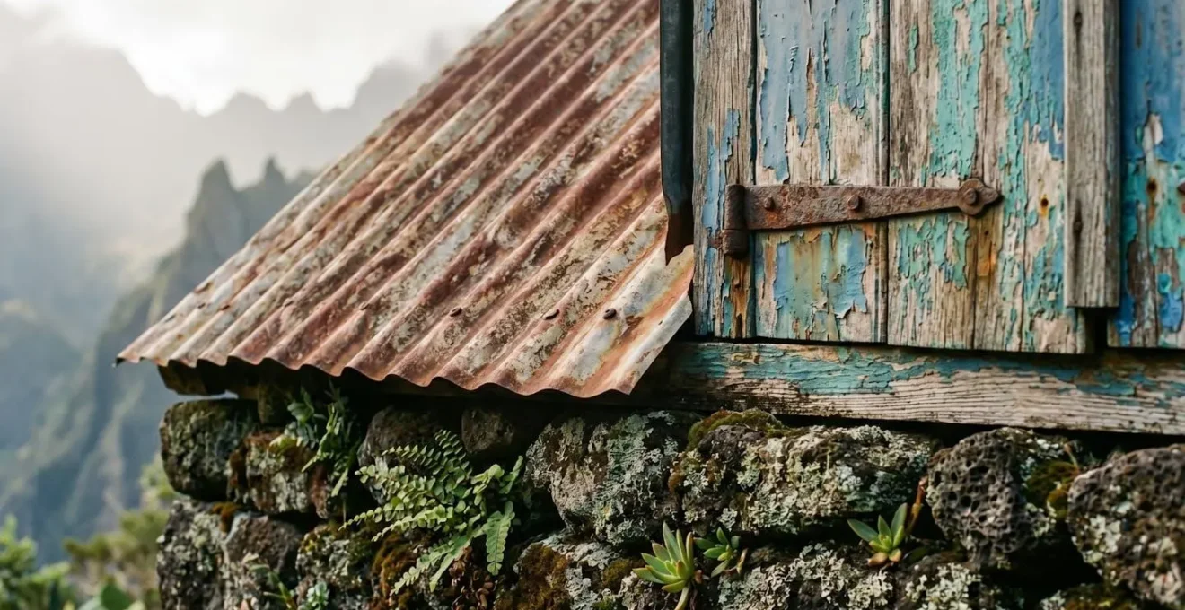 Village créole traditionnel niché dans un îlet de Mafate avec cases en tôle colorées et jardins potagers