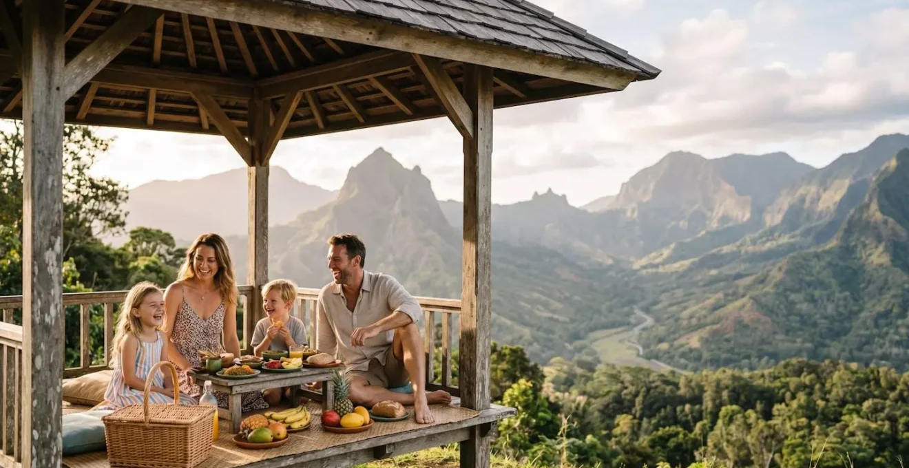 Famille profitant d'un pique-nique dans un kiosque avec vue sur les montagnes