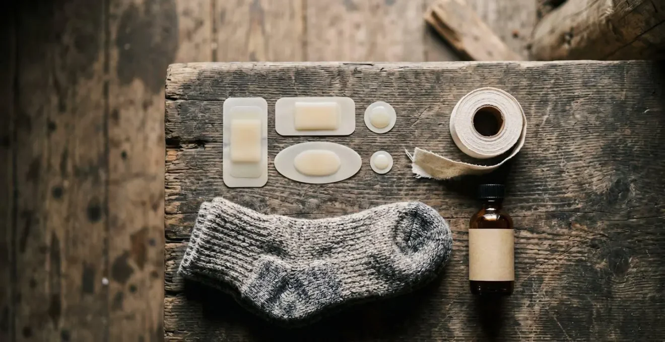 Kit de soins préventifs pour les pieds avec pansements hydrocolloïdes et chaussettes techniques disposés sur surface naturelle