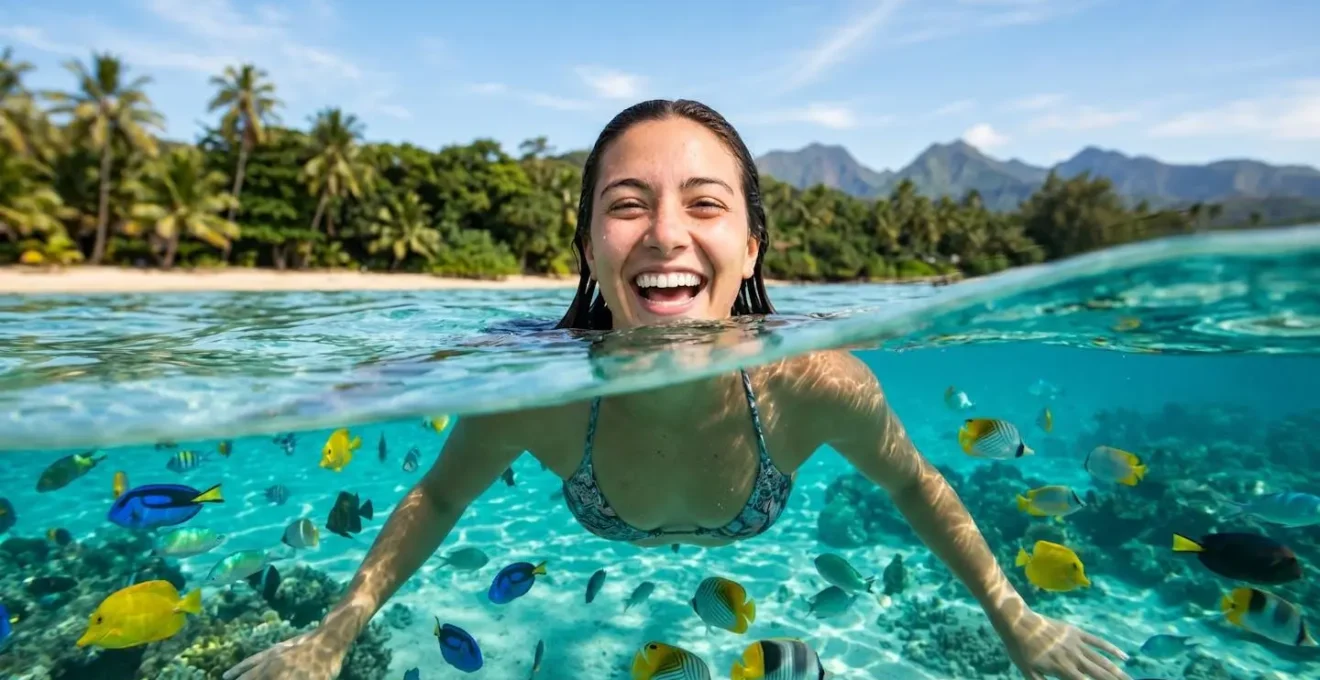 Nageur dans les eaux cristallines du lagon de La Réunion par temps ensoleillé d'hiver austral
